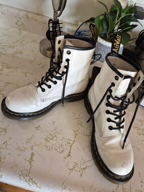 Dr. Martens White Leather 8-Eye Lace-Up Boots with Yellow Stitching